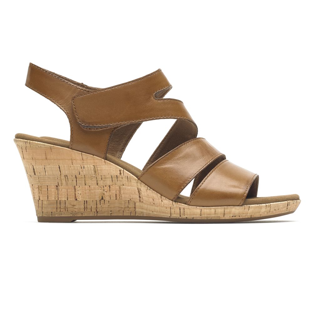 Rockport Women's Briah Strappy Comfort Wedges Sandals - Brown - USA (4986FUQYM)